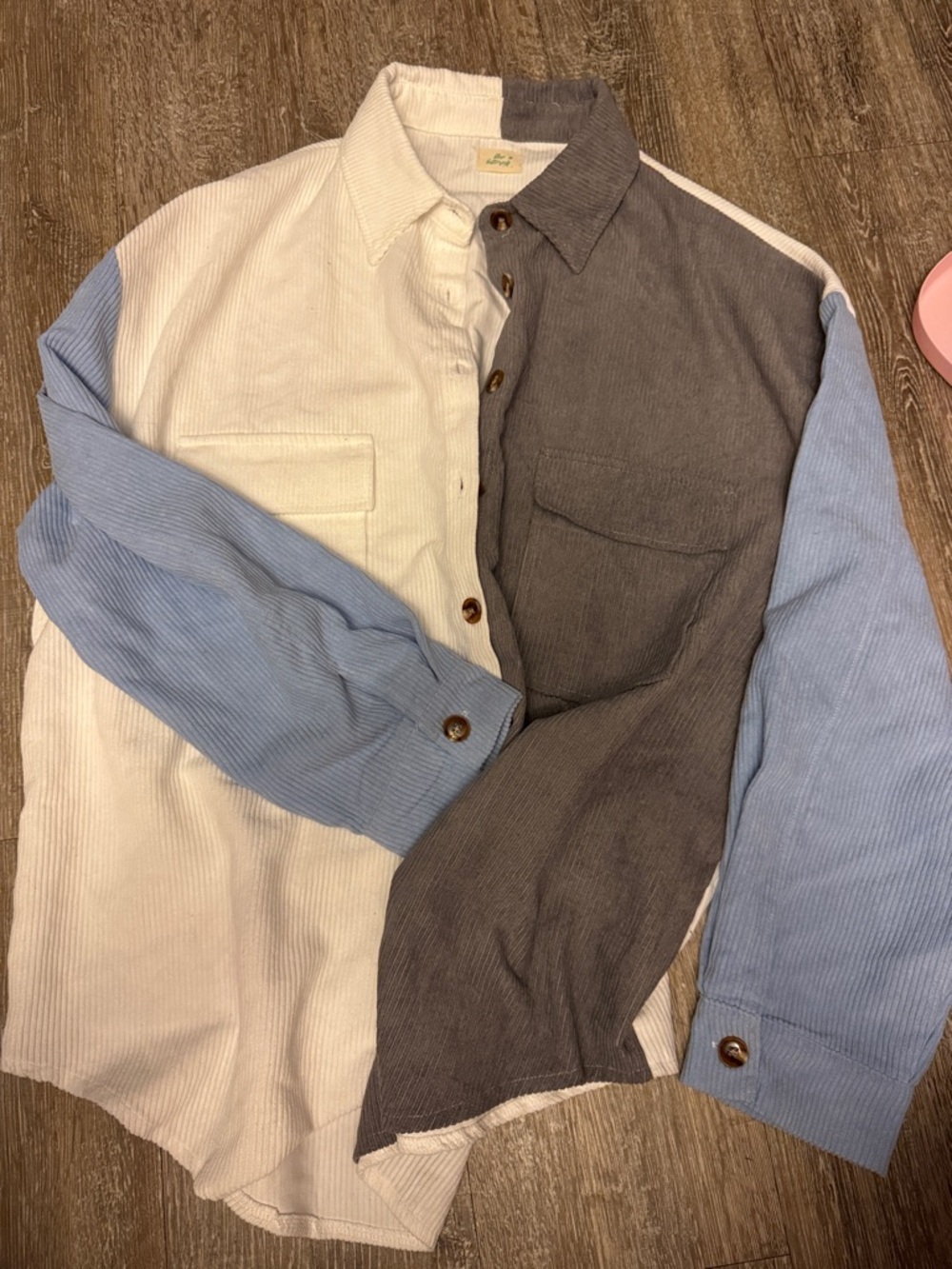 Oversized fit- Colorblock Corduroy Button-Up Shirt in Cream, Gray & Light Blue